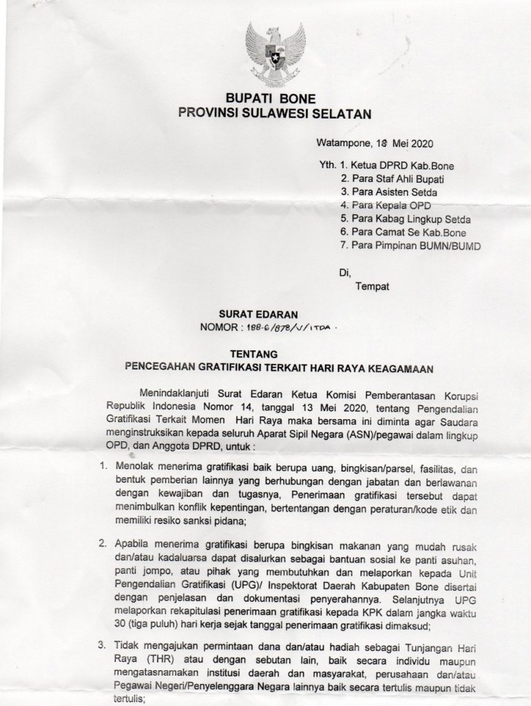 Surat Edaran Tentang Pencegahan Gratifikasi Terkait Hari Raya Keagamaan Website Resmi Pemerintah Kabupaten Bone